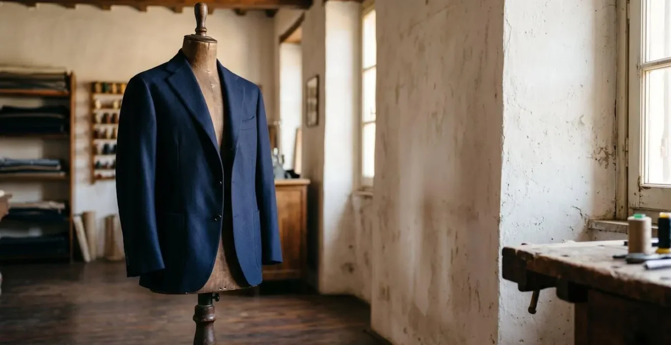 Ambiente minimalista con giacca sartoriale italiana su manichino sartoriale in legno antico