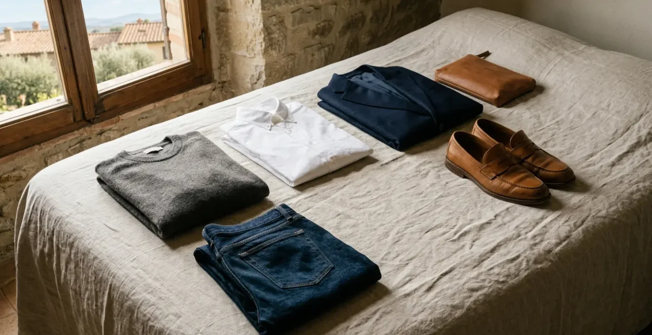 Composizione minimalista di abiti essenziali per un guardaroba capsule da viaggio, disposti con cura su superficie neutra