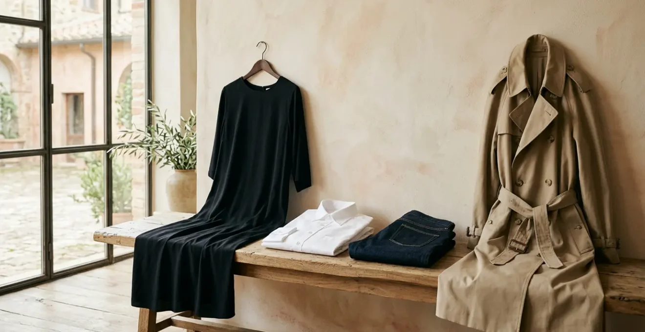 Composizione elegante di capi essenziali femminili italiani su sfondo neutro con luce naturale