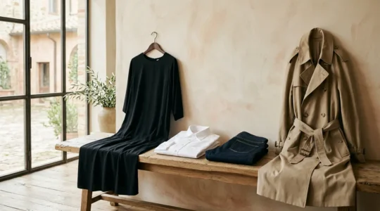 Composizione elegante di capi essenziali femminili italiani su sfondo neutro con luce naturale