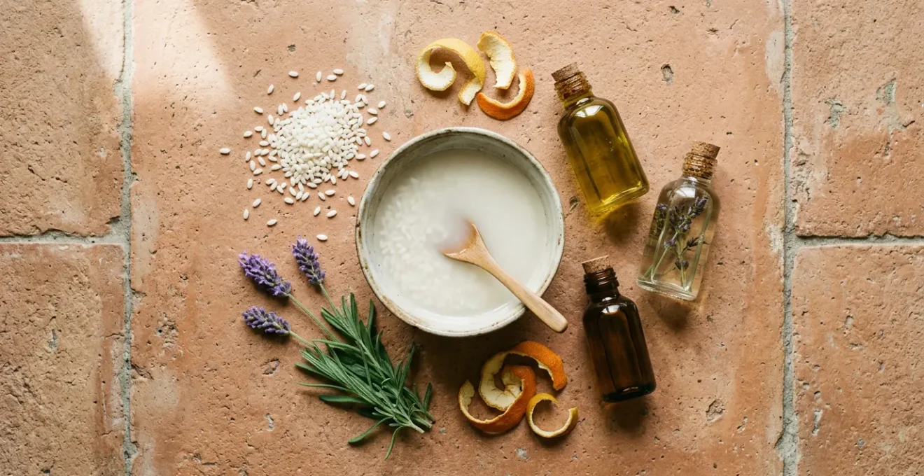 Trattamento naturale per capelli con olio e acqua di riso in ambiente rilassante