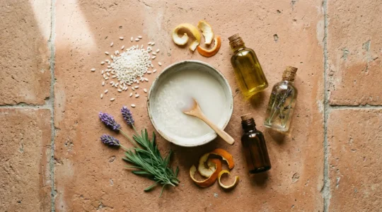 Trattamento naturale per capelli con olio e acqua di riso in ambiente rilassante