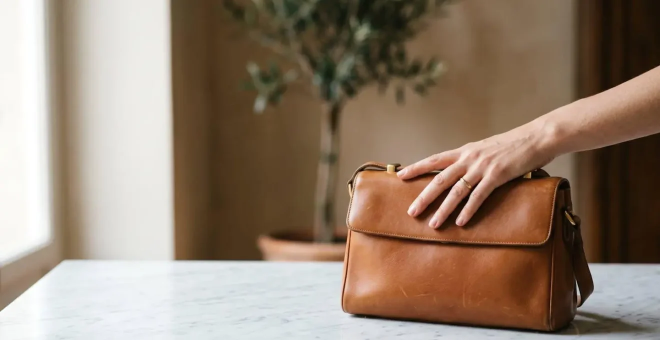 Elegante borsa vintage italiana su superficie di marmo con luce naturale