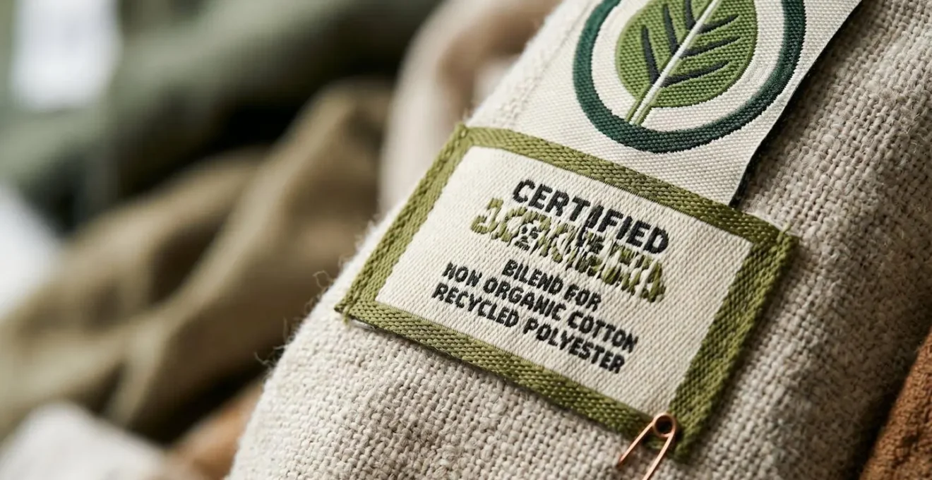 Dettaglio macro di certificazioni tessili autentiche su tessuto naturale che mostra la differenza tra claim verificati e greenwashing