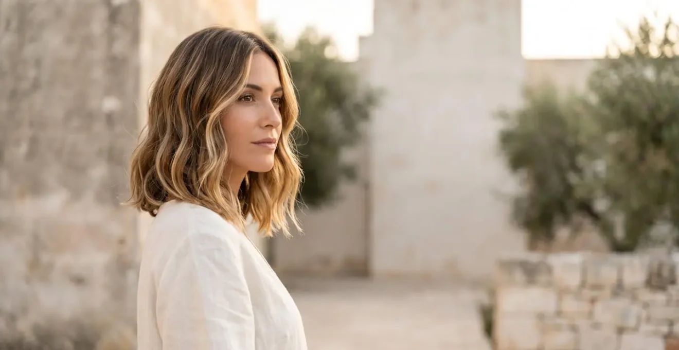 Taglio long bob mosso con schiariture naturali che incorniciano il viso con eleganza mediterranea