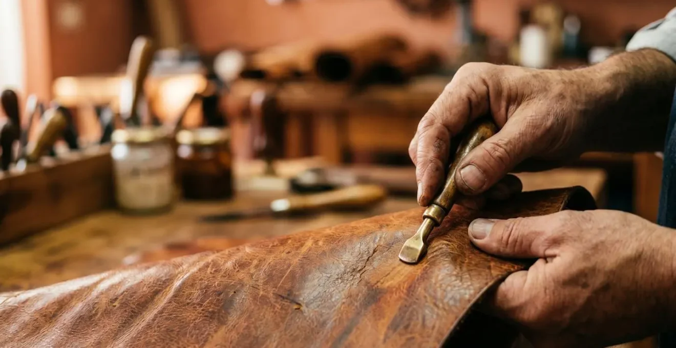 Mani di artigiano italiano che lavora su borsa vintage in pelle