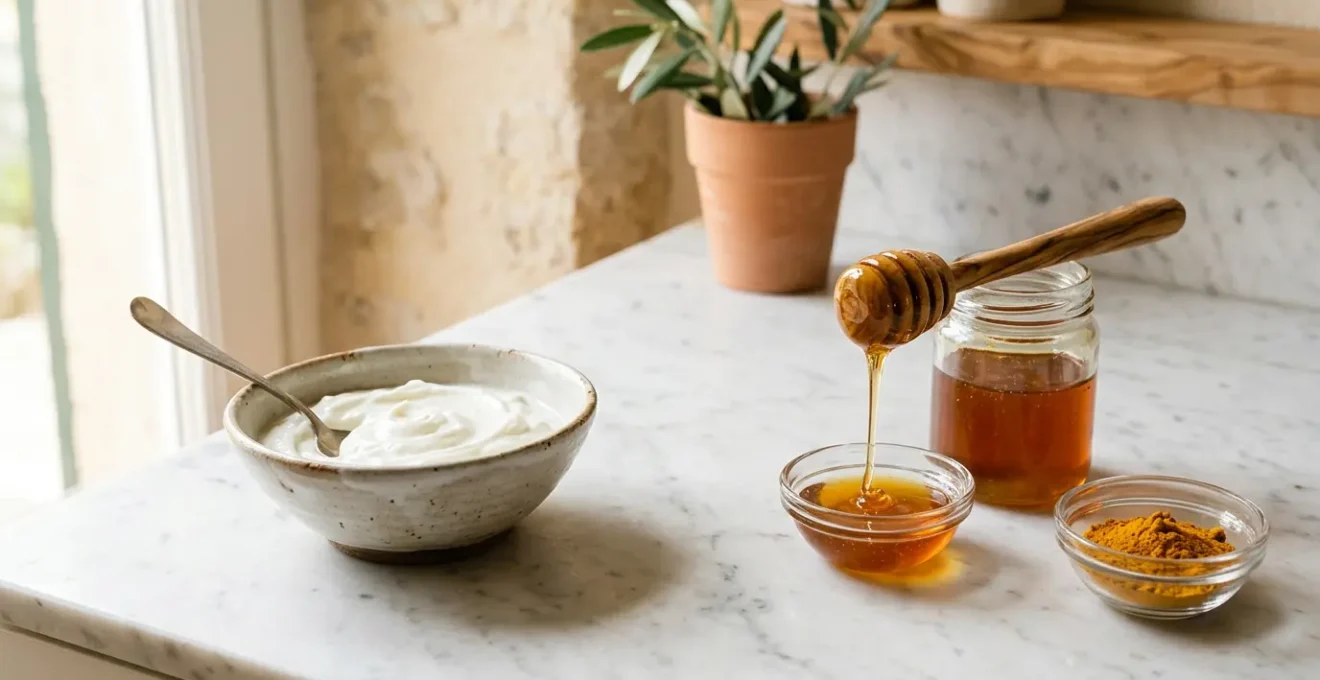 Ingredienti naturali freschi per maschere viso fai da te su superficie minimalista