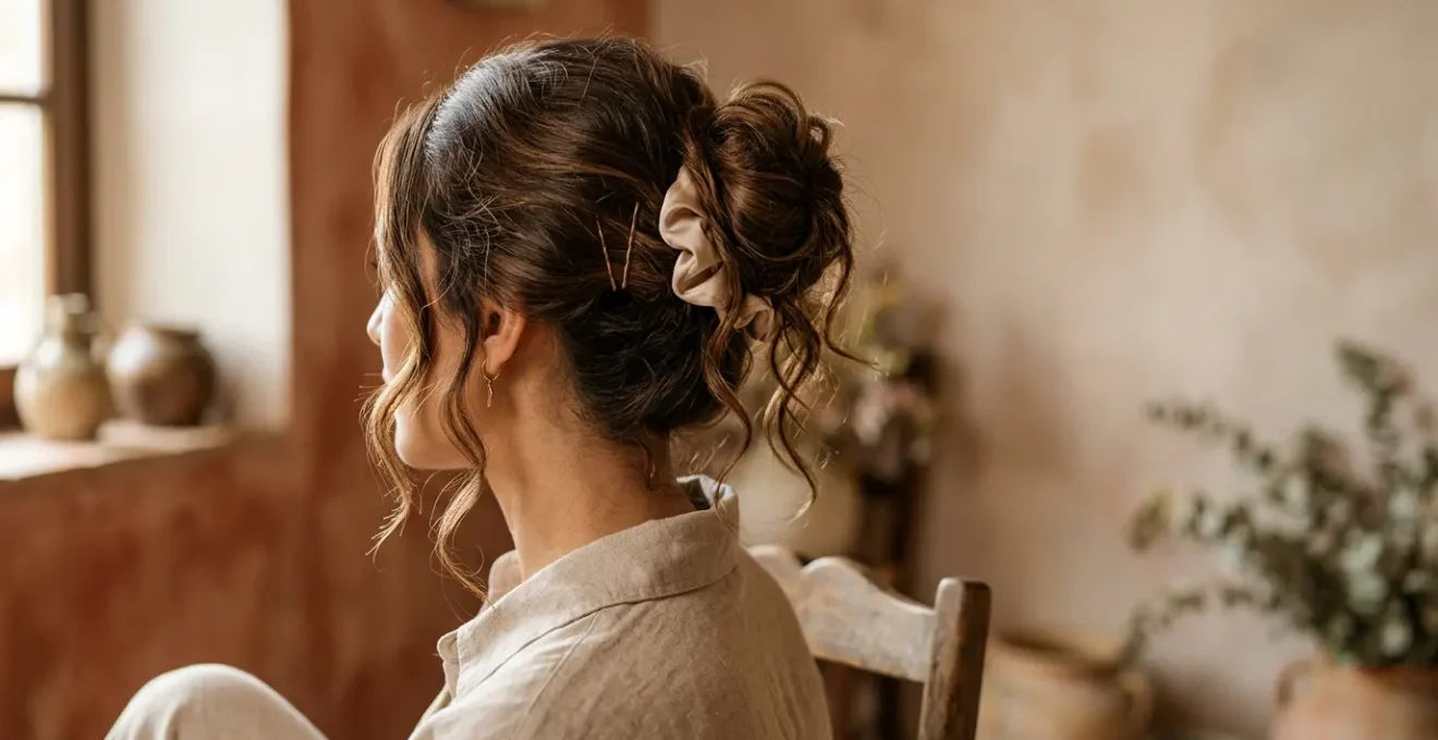 Chignon spettinato elegante con ciocche morbide che incorniciano il viso, acconciatura messy bun italiana