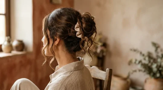 Chignon spettinato elegante con ciocche morbide che incorniciano il viso, acconciatura messy bun italiana