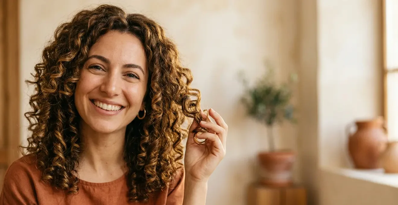 Donna italiana con capelli ricci naturali voluminosi e definiti che sorride con fiducia