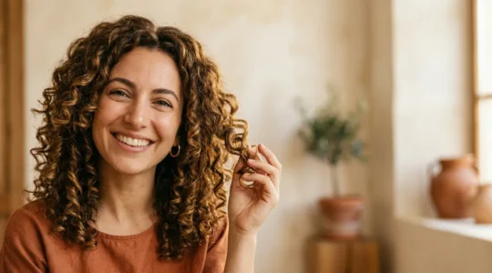 Donna italiana con capelli ricci naturali voluminosi e definiti che sorride con fiducia
