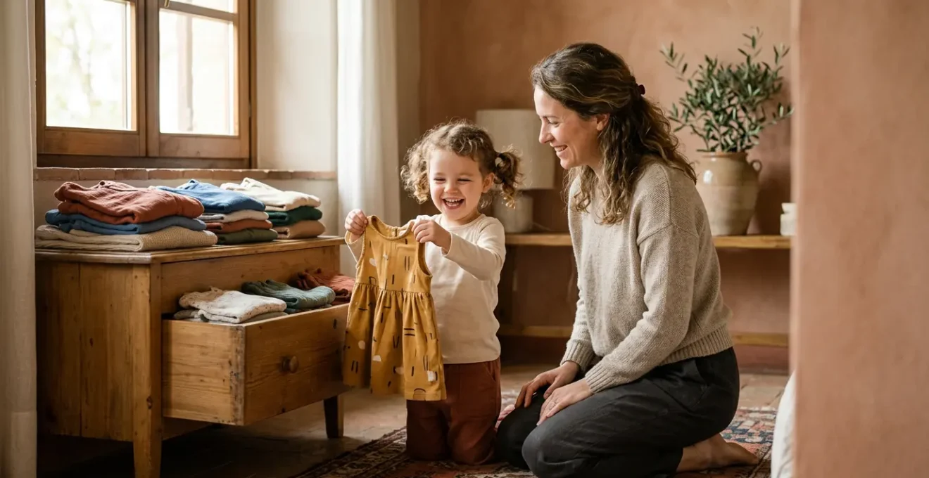 Genitore e bambino sorridenti durante shopping intelligente di abbigliamento per bambini con capi di qualità a prezzi accessibili