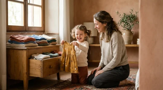 Genitore e bambino sorridenti durante shopping intelligente di abbigliamento per bambini con capi di qualità a prezzi accessibili