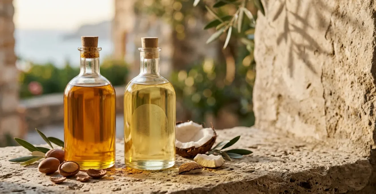 Bottiglie di olio vegetale dorato con texture organiche per la cura della pelle del corpo