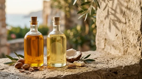 Bottiglie di olio vegetale dorato con texture organiche per la cura della pelle del corpo