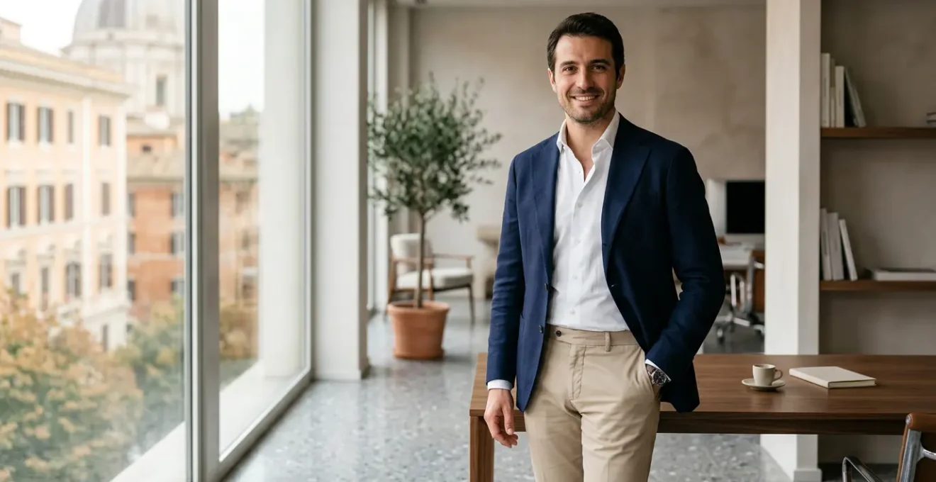 Uomo elegante in giacca destrutturata e chino in ufficio moderno italiano senza cravatta