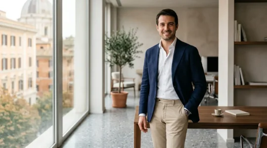 Uomo elegante in giacca destrutturata e chino in ufficio moderno italiano senza cravatta