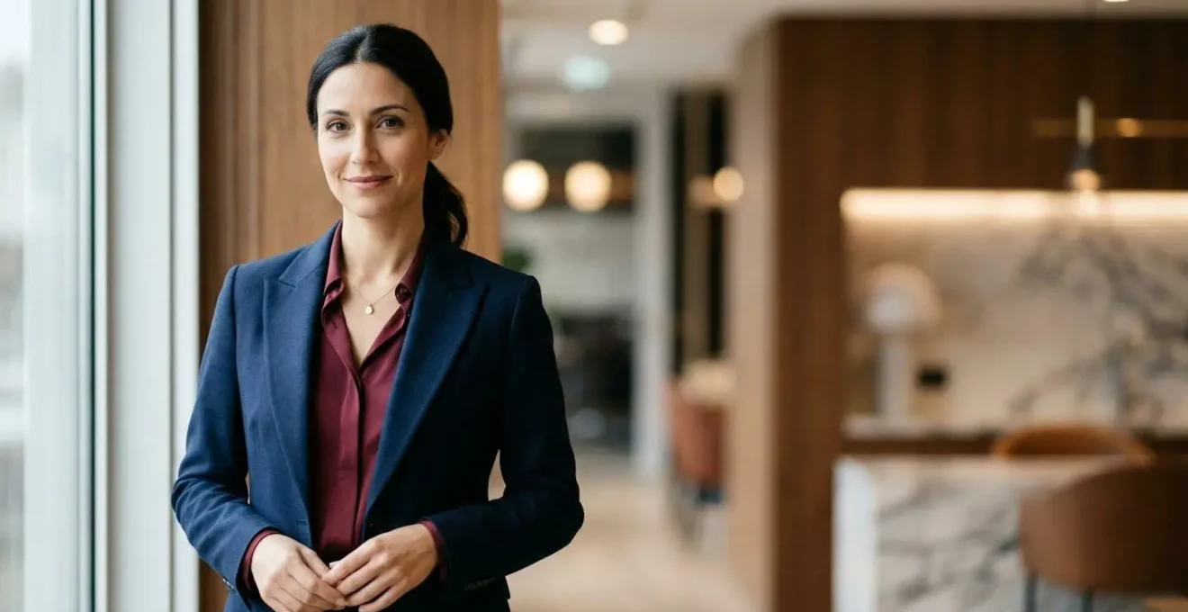 Donna professionale italiana in elegante outfit da ufficio che comunica autorità e femminilità