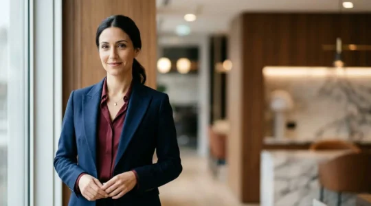 Donna professionale italiana in elegante outfit da ufficio che comunica autorità e femminilità
