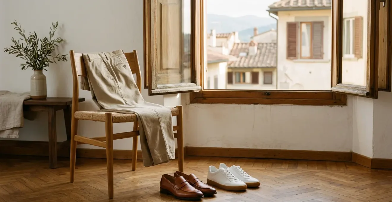 Dettaglio ravvicinato di pantaloni chino beige con diverse scarpe che illustrano versatilita di stile