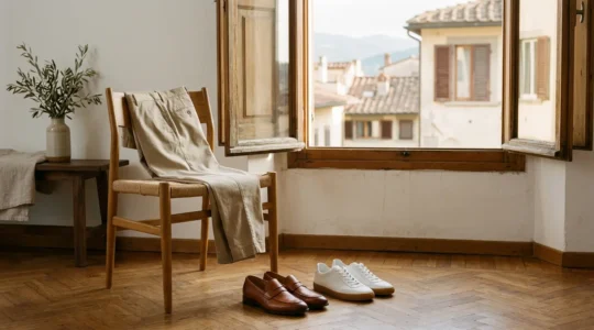 Dettaglio ravvicinato di pantaloni chino beige con diverse scarpe che illustrano versatilita di stile