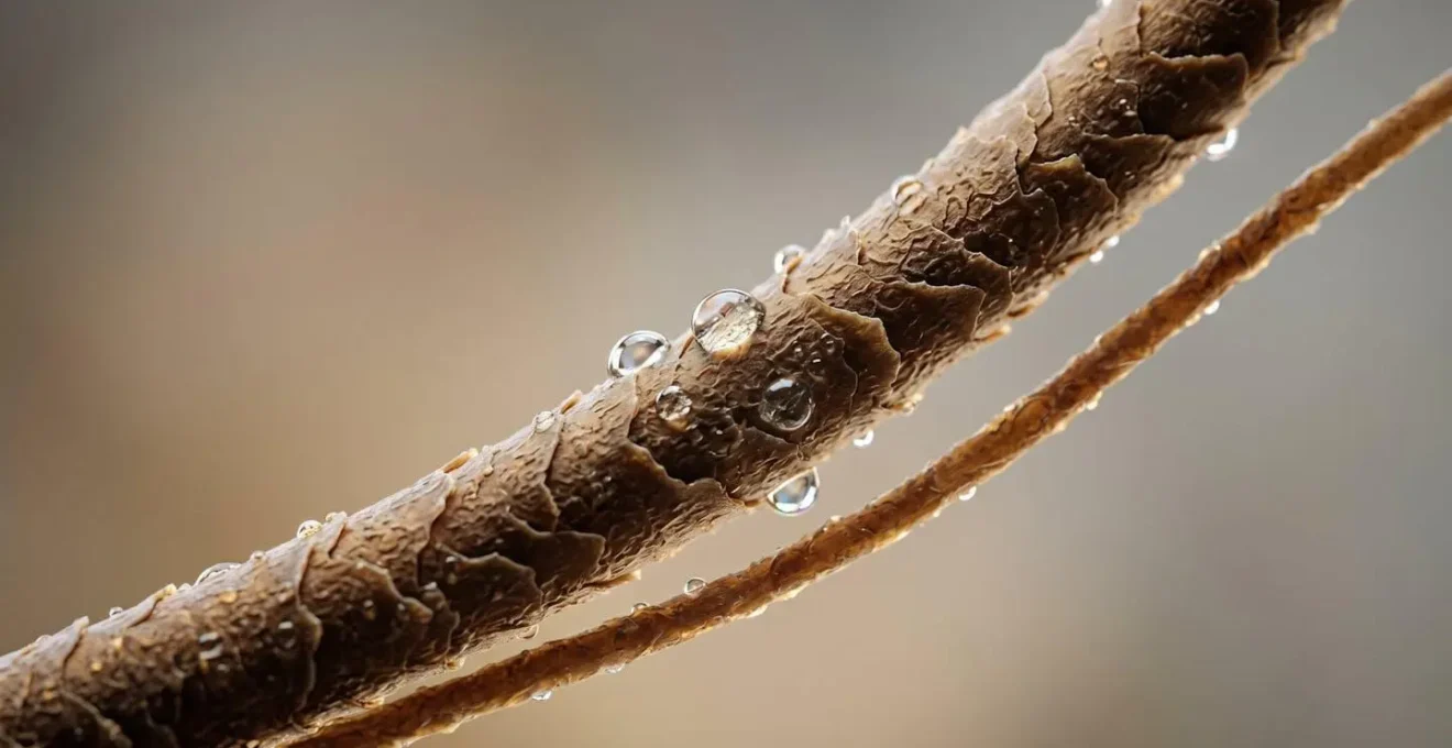 Dettaglio macro di ciocca di capelli che mostra texture e cuticole con gocce d'acqua microscopiche