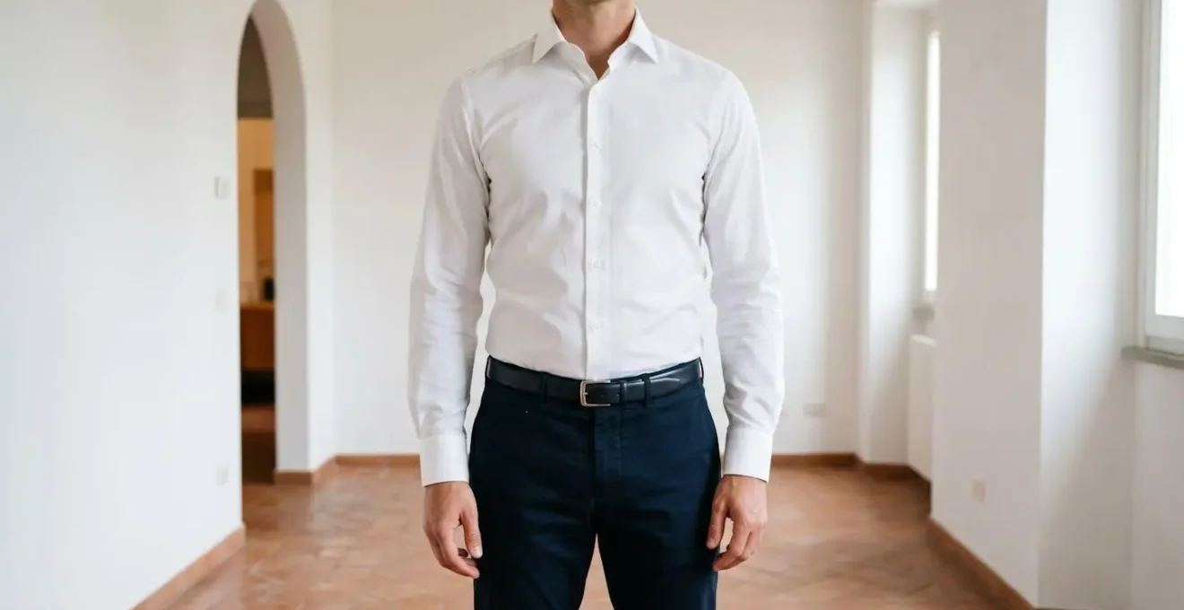 Vista frontale di busto maschile che mostra i punti critici di vestibilità di una camicia: spalle perfettamente allineate e petto ben calibrato