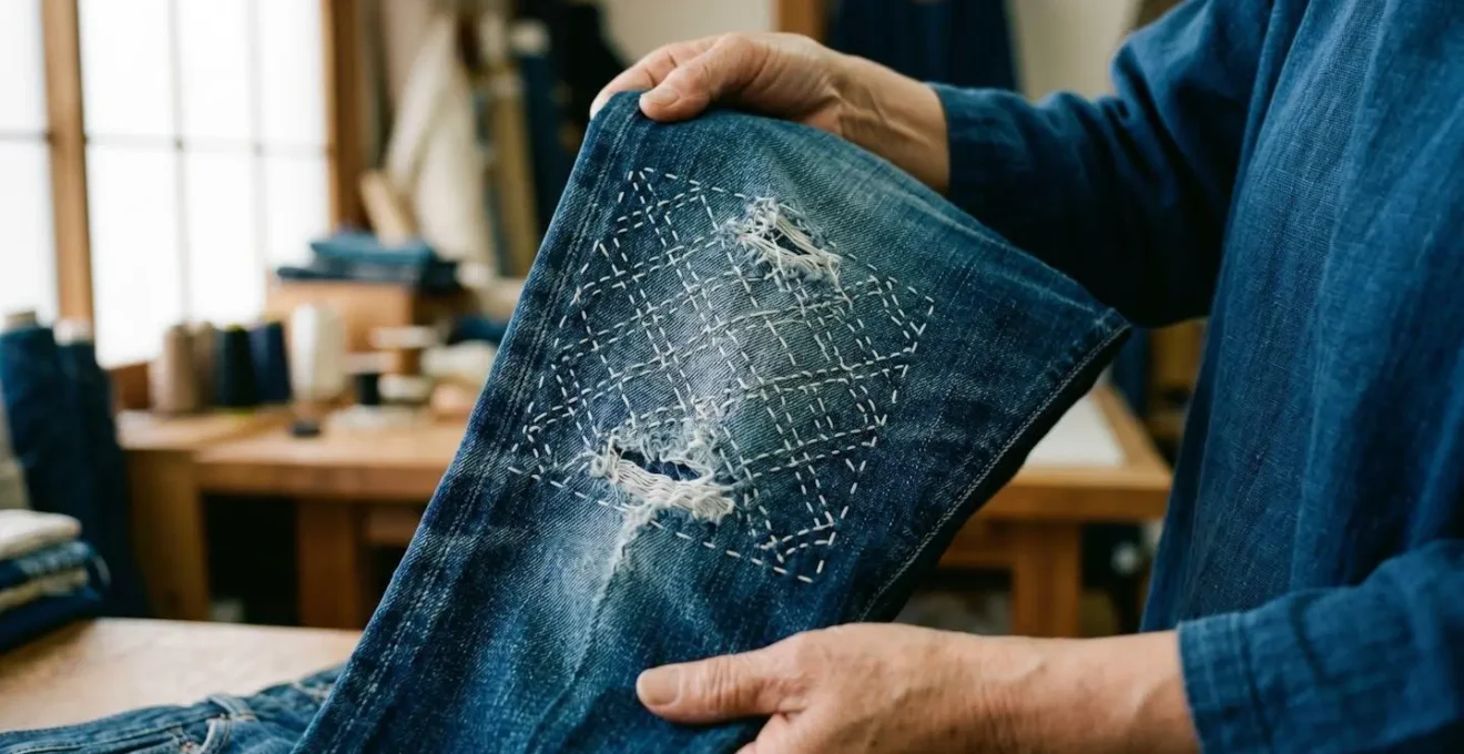 Dettaglio di riparazione Sashiko su denim indigo con filo bianco, tecnica giapponese adottata da artigiani italiani