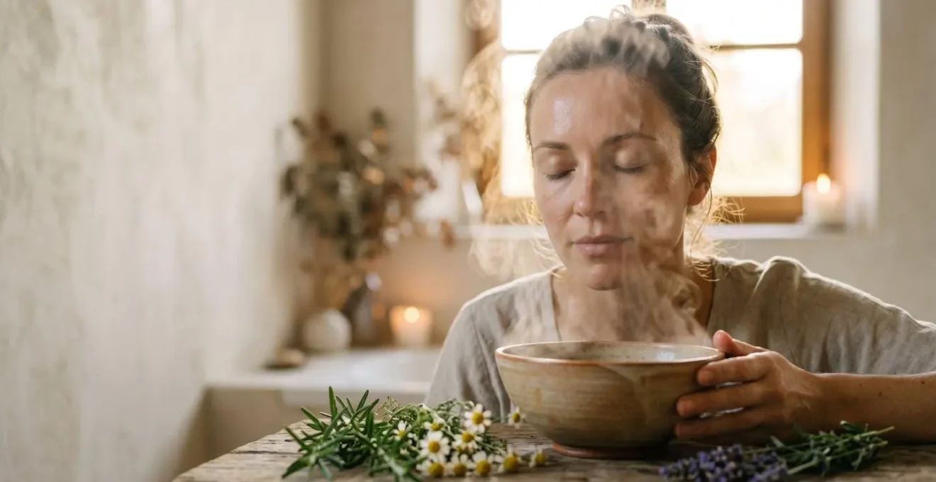 Atmosfera rilassante con vapore aromatico e ingredienti naturali per preparazione viso