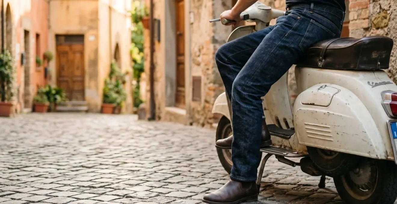 Persona in sella a una Vespa vintage sulle strade italiane indossando jeans raw denim, processo di rodaggio naturale