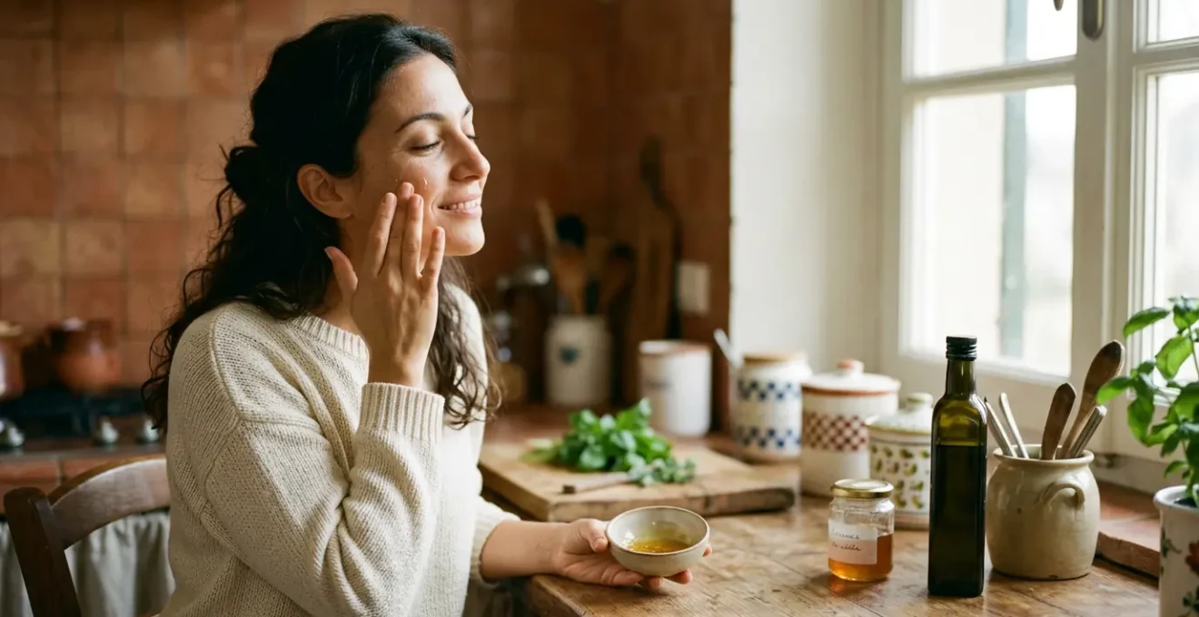 Donna che applica prodotti naturali per skincare veloce in ambiente domestico italiano