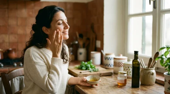 Donna che applica prodotti naturali per skincare veloce in ambiente domestico italiano