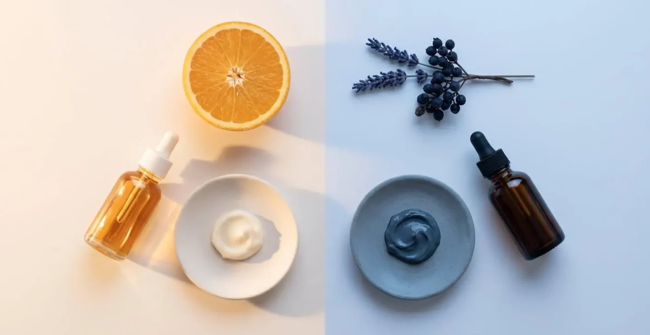 Vista dall'alto di prodotti skincare organizzati simmetricamente su superficie minimalista che suggerisce routine mattina e sera