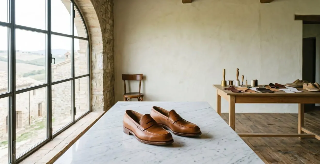 Ambiente minimalista che celebra l'eccellenza calzaturiera italiana con focus sulla qualità artigianale