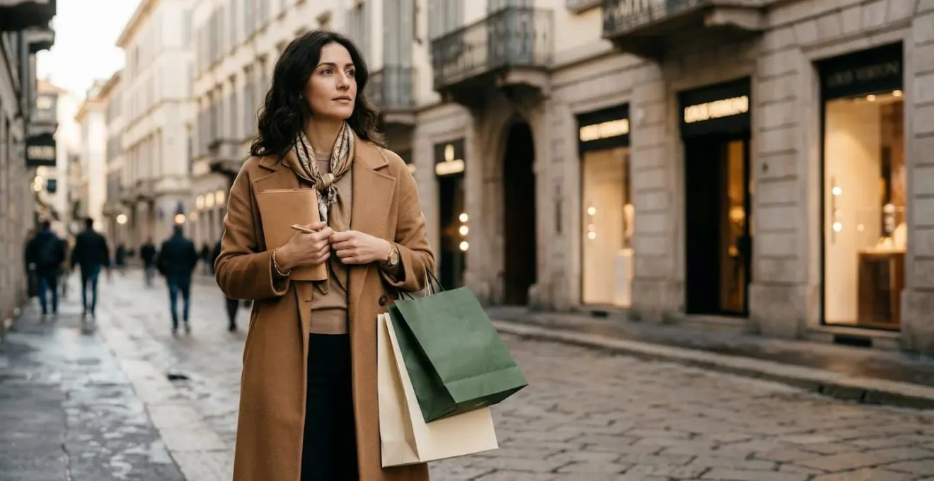 Elegante donna italiana nel cuore del Quadrilatero della Moda milanese mentre pianifica i suoi acquisti