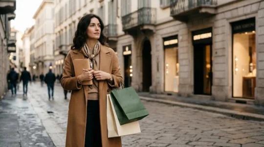 Elegante donna italiana nel cuore del Quadrilatero della Moda milanese mentre pianifica i suoi acquisti