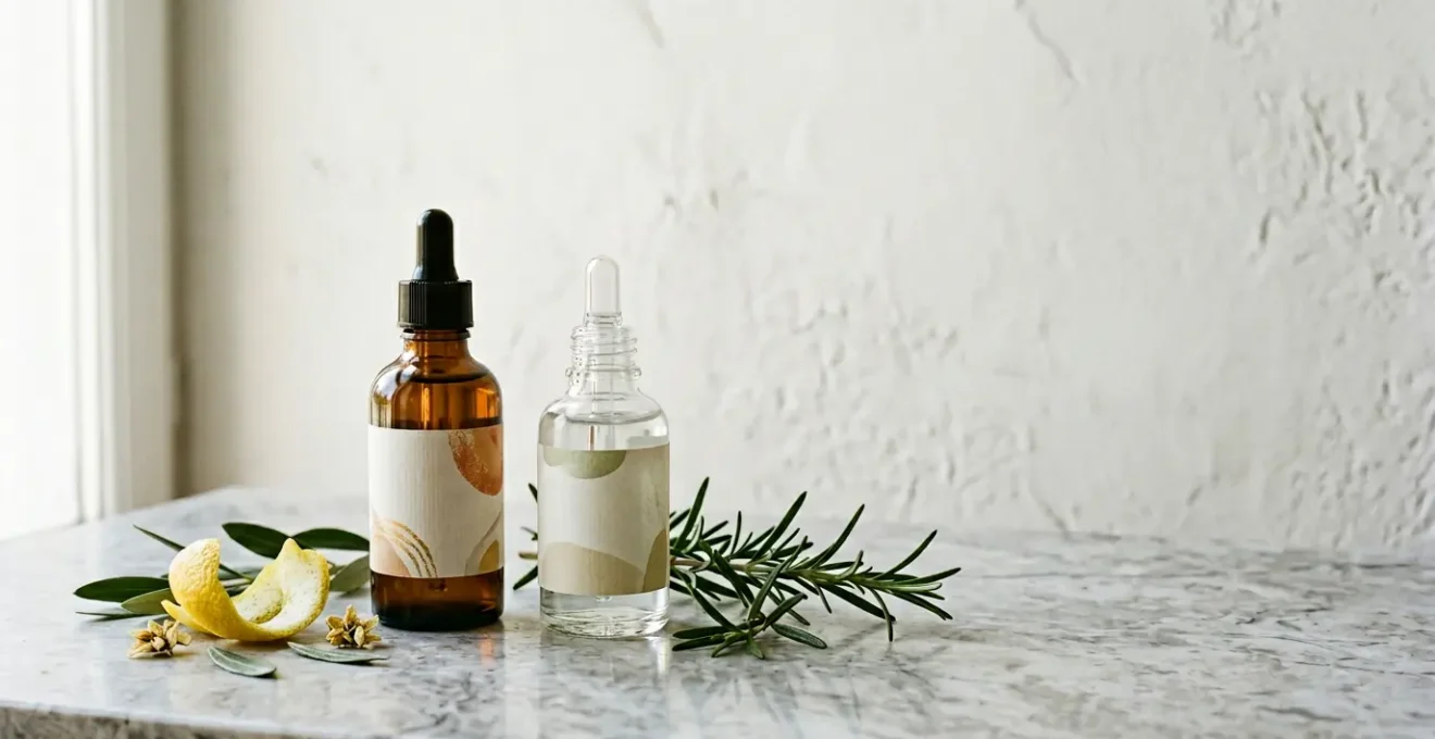 Composizione elegante di sieri per il viso con texture luminose e gocce d'acqua su superficie naturale