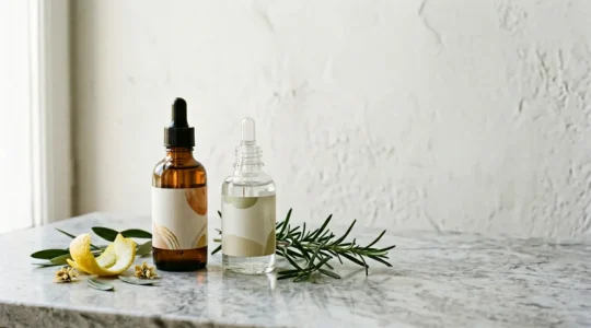 Composizione elegante di sieri per il viso con texture luminose e gocce d'acqua su superficie naturale