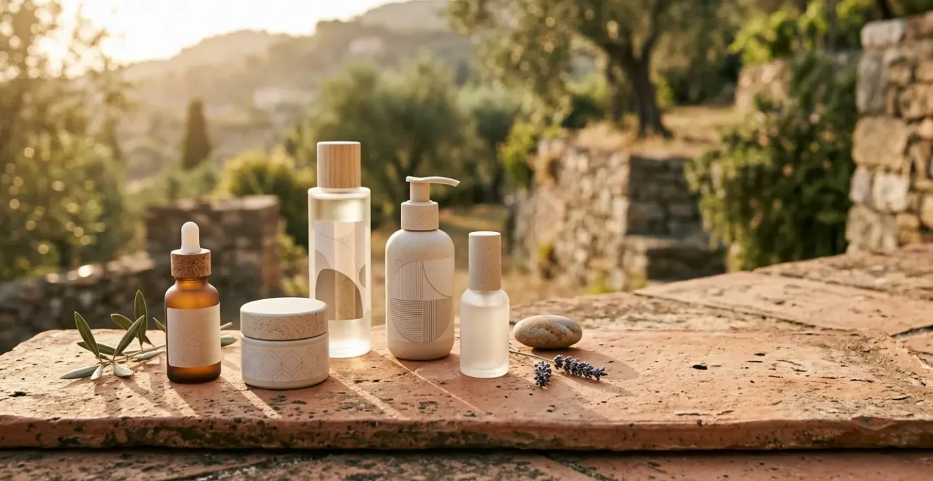 Prodotti skincare disposti su sfondo naturale che evoca il clima mediterraneo italiano