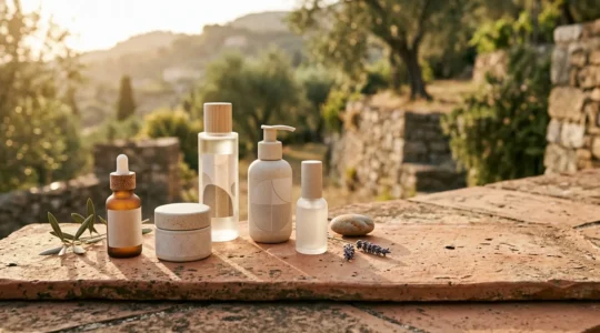 Prodotti skincare disposti su sfondo naturale che evoca il clima mediterraneo italiano