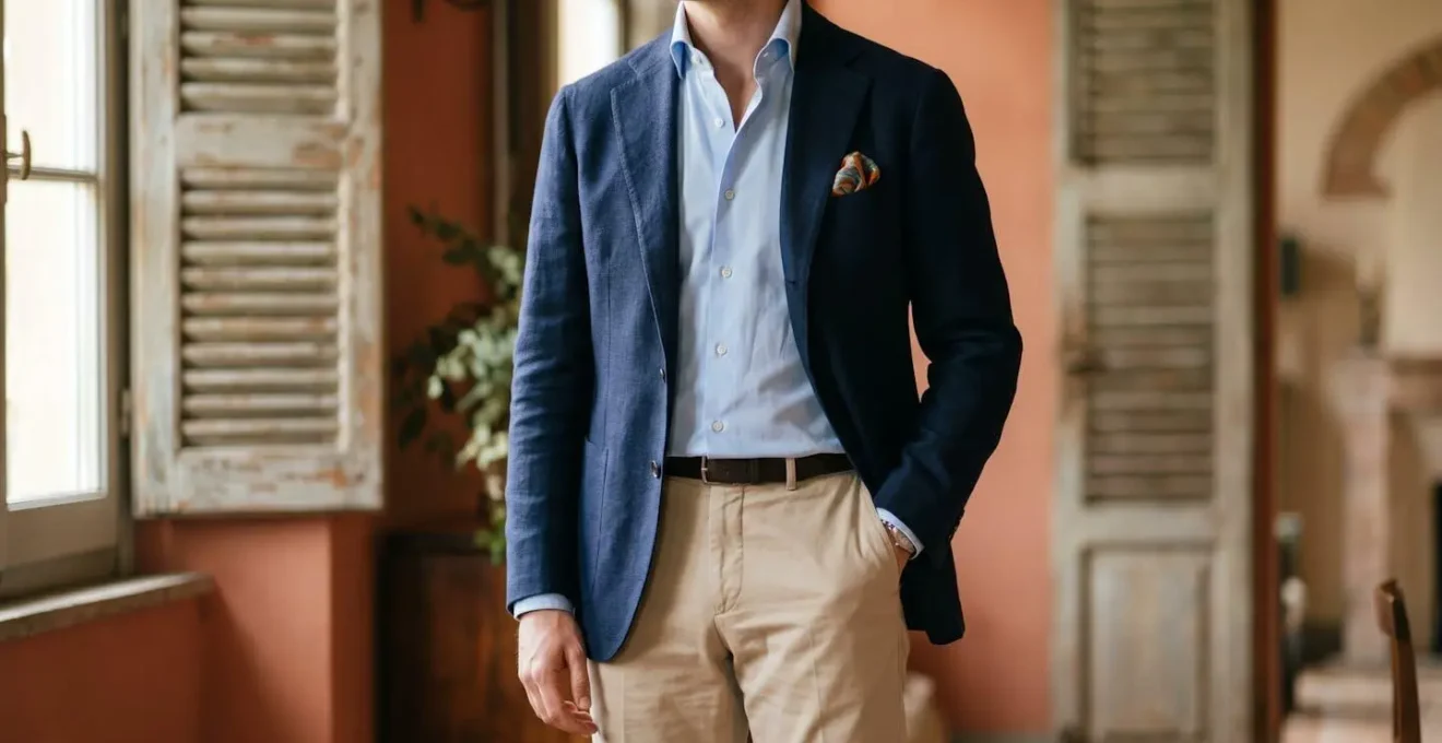 Outfit smart casual italiano con giacca destrutturata camicia e chino beige su manichino minimalista