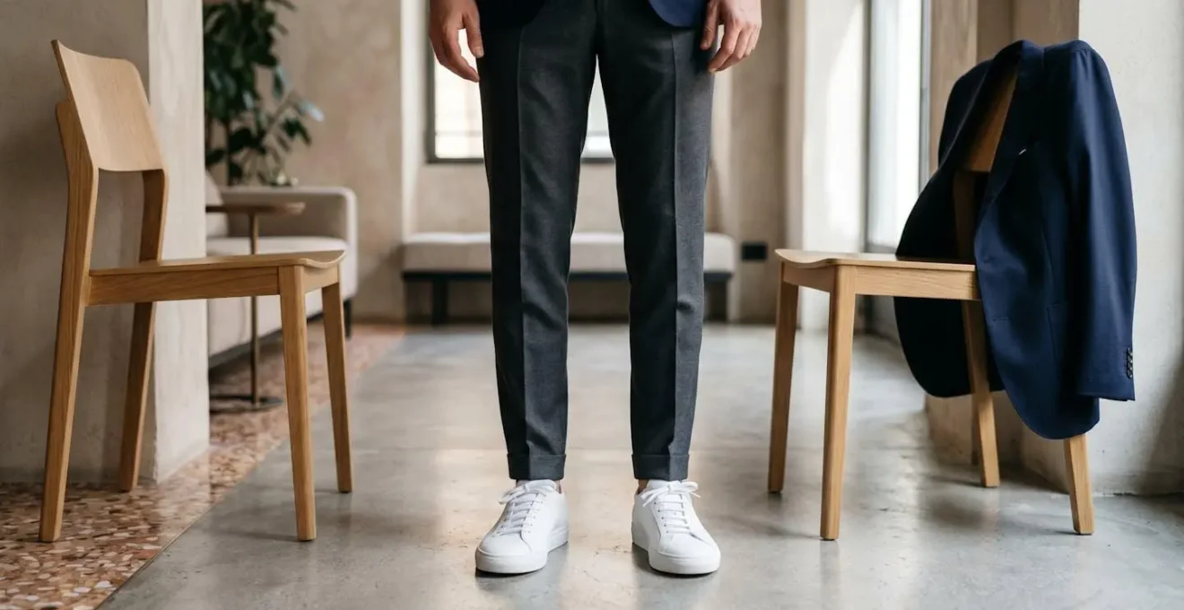 Composizione elegante con sneaker bianca abbinata a blazer navy e pantalone sartoriale slim
