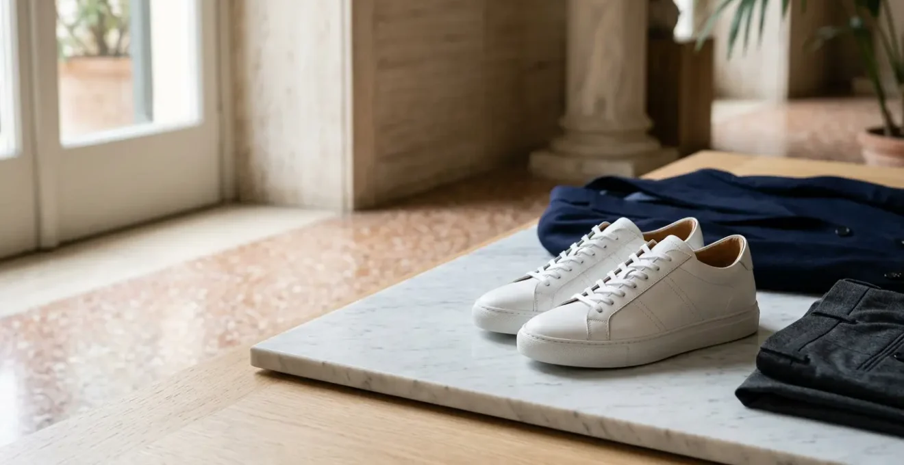 Sneakers bianche minimaliste in pelle con completo formale su sfondo elegante