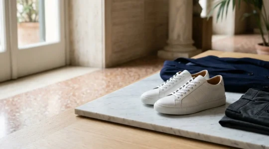 Sneakers bianche minimaliste in pelle con completo formale su sfondo elegante