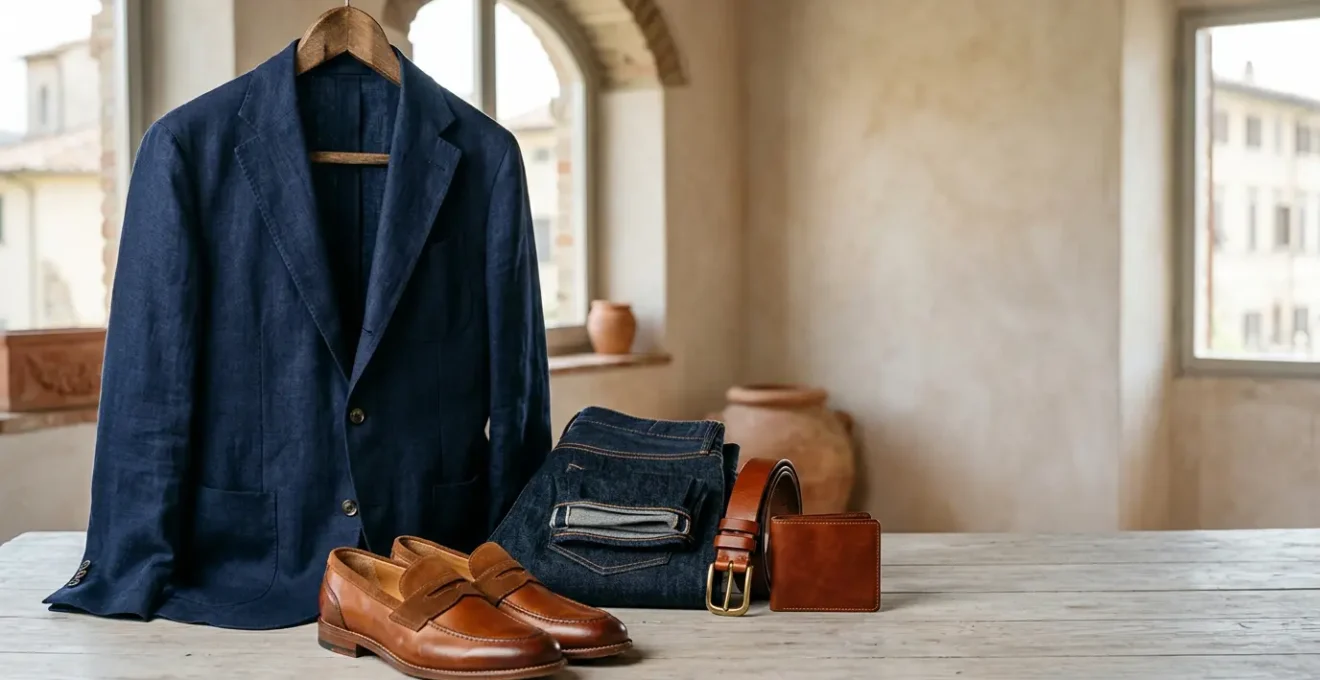 Composizione elegante di capi maschili italiani con giacca sartoriale e accessori artigianali