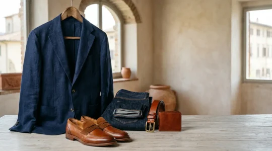 Composizione elegante di capi maschili italiani con giacca sartoriale e accessori artigianali