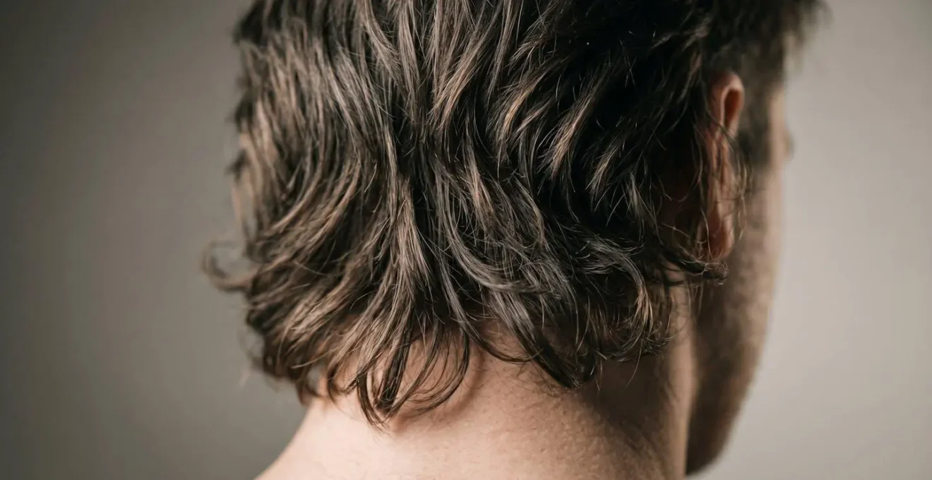 Dettaglio ravvicinato della nuca con capelli texturizzati in stile mullet moderno con effetto mosso naturale