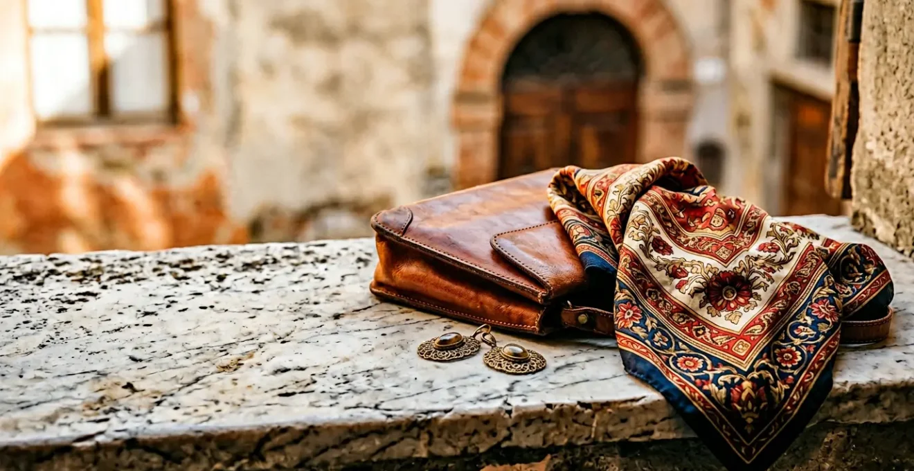 Eleganti accessori di lusso vintage disposti su superficie italiana