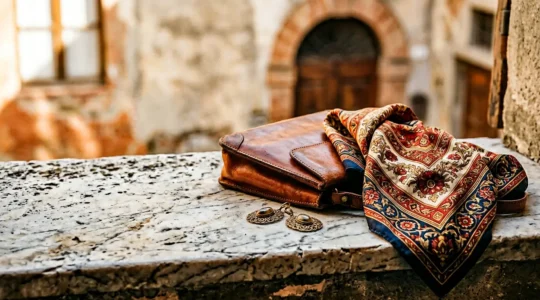 Eleganti accessori di lusso vintage disposti su superficie italiana