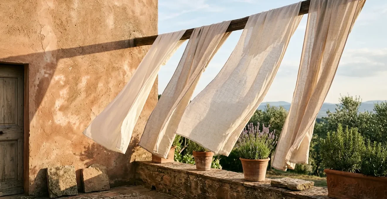 Tessuti naturali organici bianchi e beige che respirano liberamente all'aria aperta